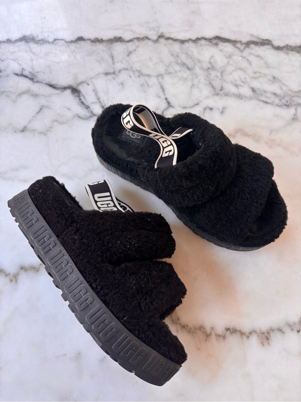 UGG Black Plush Slide Sandals with Branded Strap
